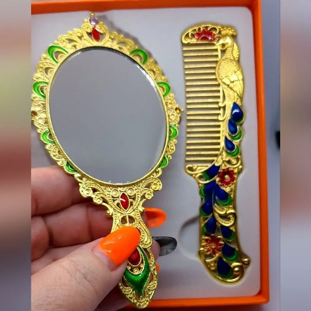 Vintage Peacock Mirror Comb Gift Box Set Yellow Gold Rhinestone Regency Vanity